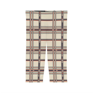 Geometric Plaid Capri Leggings - Retro Cream & Navy Patterned Women’s Activewear - s