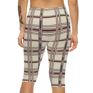 Geometric Plaid Capri Leggings - Retro Cream & Navy Patterned Women’s Activewear - s
