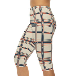 Geometric Plaid Capri Leggings - Retro Cream & Navy Patterned Women’s Activewear - s