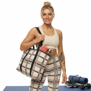 Geometric Plaid Capri Leggings - Retro Cream & Navy Patterned Women’s Activewear - s