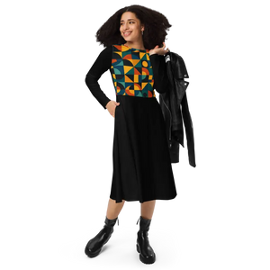 Geometric Print Long Sleeve Midi Dress - Confidence Boost - Dipaliz - 2xs - Dresses