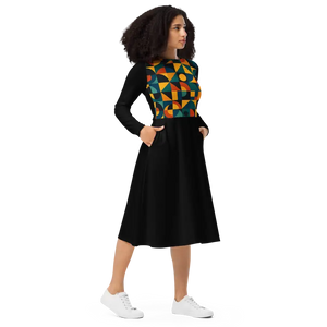 Geometric Print Long Sleeve Midi Dress - Confidence Boost - Dipaliz - Dresses