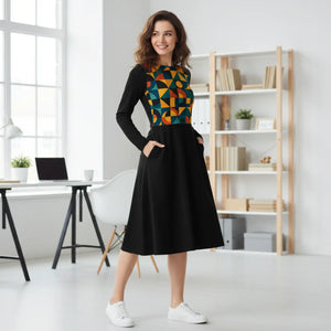 Geometric Print Sleeve Midi Dress – Office - Dipaliz - Dresses - Xs