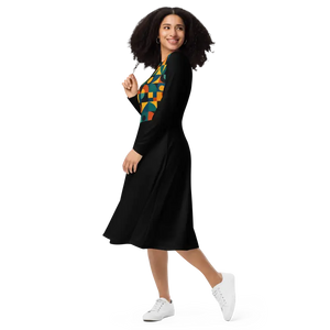 Geometric Print Long Sleeve Midi Dress - Confidence Boost - Dipaliz - Dresses
