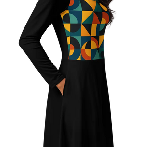 Geometric Print Long Sleeve Midi Dress - Confidence Boost - Dipaliz - Dresses