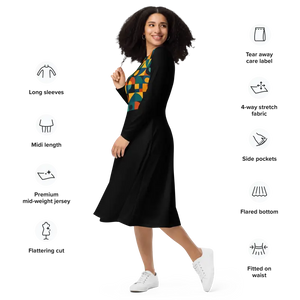 Geometric Print Long Sleeve Midi Dress - Confidence Boost - Dipaliz - Dresses