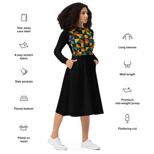 Geometric Print Long Sleeve Midi Dress - Confidence Boost - Dipaliz - Dresses