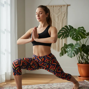 Geometric Retro Capri Leggings, Orange & Purple Aztec Print - s