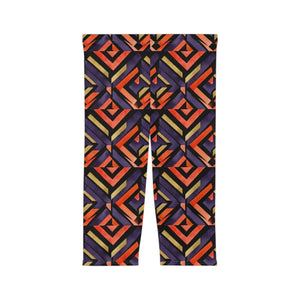 Geometric Retro Capri Leggings, Orange & Purple Aztec Print - s