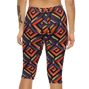 Geometric Retro Capri Leggings, Orange & Purple Aztec Print - s