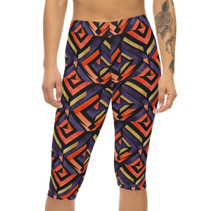 Geometric Retro Capri Leggings, Orange & Purple Aztec Print - s