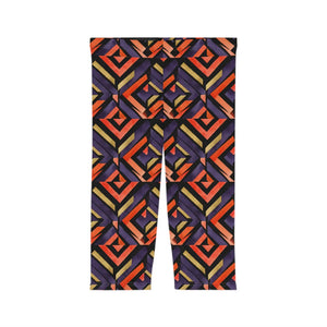 Geometric Retro Capri Leggings, Orange & Purple Aztec Print - s