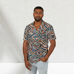 70s Hexagon Hawaiian Camp Shirt - Vintage Linen - Dipaliz - Shirts - s