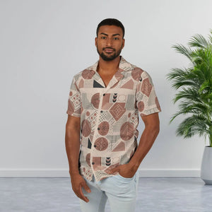 Geometric Retro Hawaiian Camp Shirt - Terracotta - Dipaliz - Shirts - s