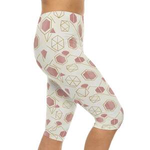 Geometric Rose Gold Capri Leggings – Blush Hexagon All-over Print - s
