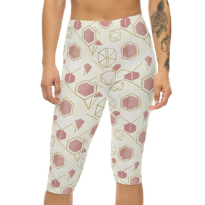 Geometric Rose Gold Capri Leggings – Blush Hexagon All-over Print - s
