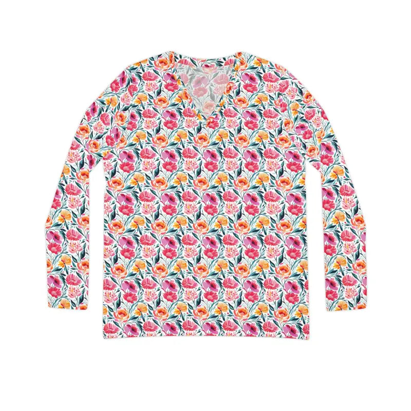 Elevate Style: Pink Floral Long Sleeve V-neck Tee for Women - All Over Prints