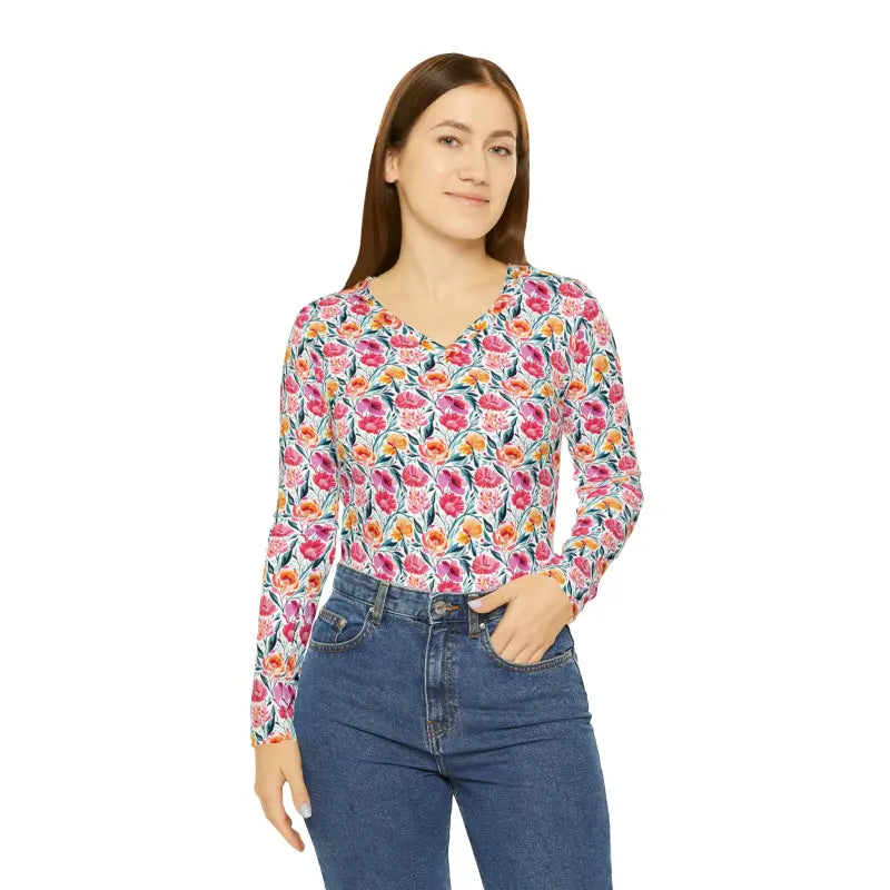 Elevate Style: Pink Floral Long Sleeve V-neck Tee for Women - All Over Prints