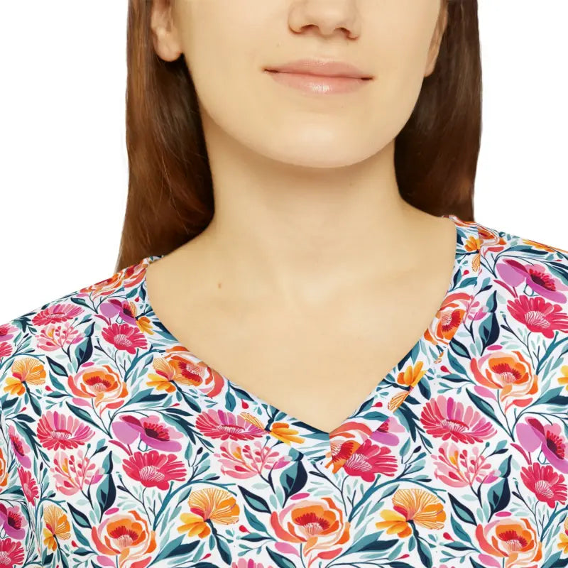 Elevate Style: Pink Floral Long Sleeve V-neck Tee for Women - All Over Prints