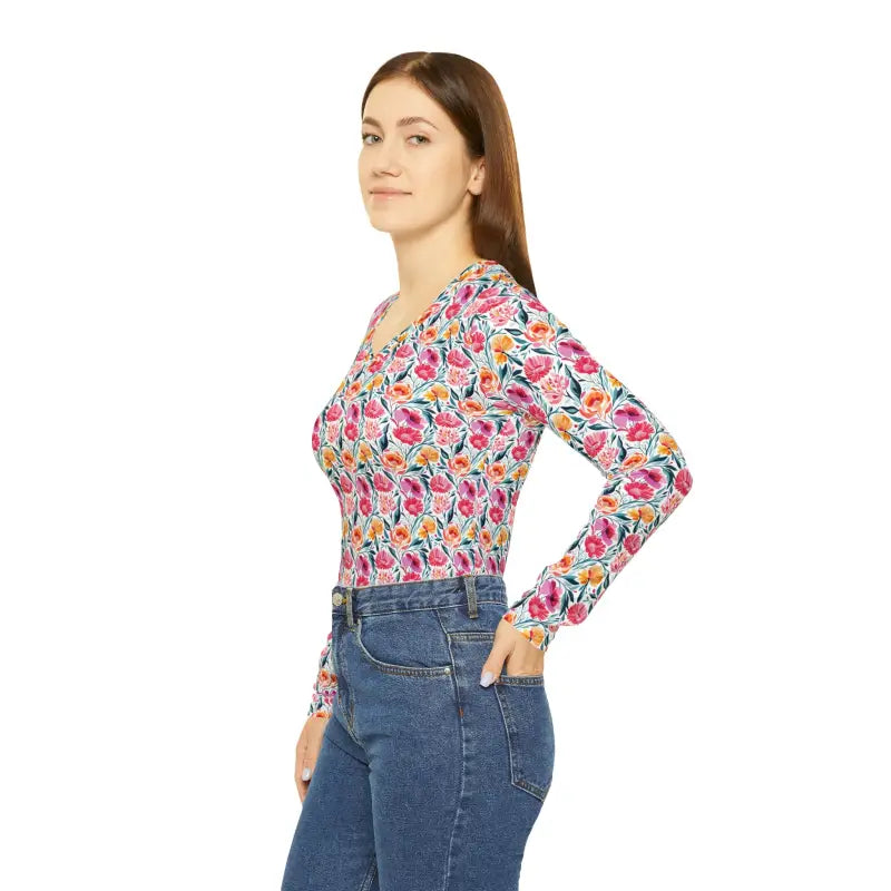 Elevate Style: Pink Floral Long Sleeve V-neck Tee for Women - All Over Prints