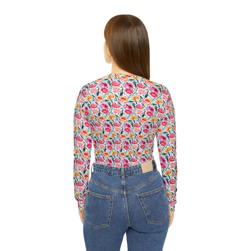 Elevate Style: Pink Floral Long Sleeve V-neck Tee for Women - All Over Prints