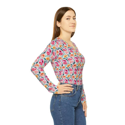 Elevate Style: Pink Floral Long Sleeve V-neck Tee for Women - All Over Prints