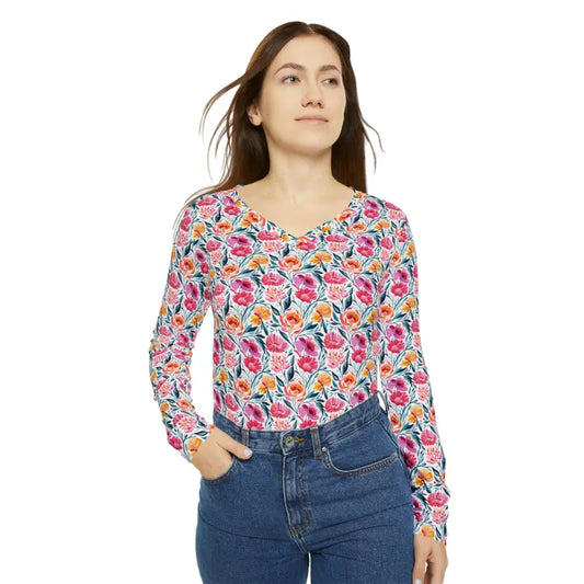 Elevate Style: Pink Floral Long Sleeve V-neck Tee for Women - Xs All Over Prints