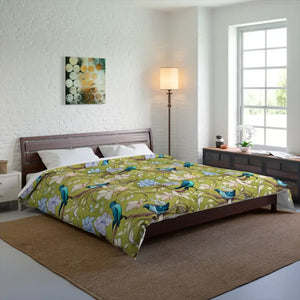 Blue Bird Comforter - Vibrant Birds and Flowers Print - Dipaliz - 104’’ × 88’’ - Quilts & Comforters