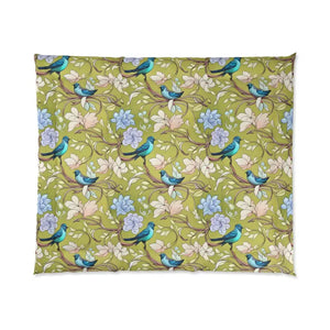Blue Bird Comforter - Vibrant Birds and Flowers Print - Dipaliz - Quilts & Comforters