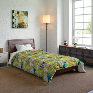 Blue Bird Comforter - Vibrant Birds and Flowers Print - Dipaliz - 68’’ × 88’’ - Quilts & Comforters