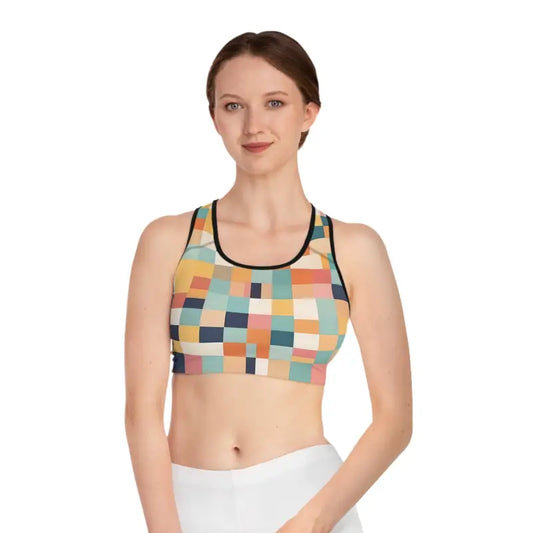 Get Fit in Style: Pastel Checkered Sports Bra Magic - s / Black Stitching All Over Prints