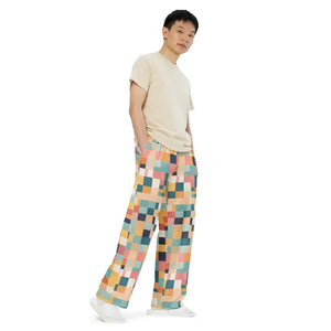 Unisex Wide Leg Lounge Pants Retro Geometric Pattern - Dipaliz