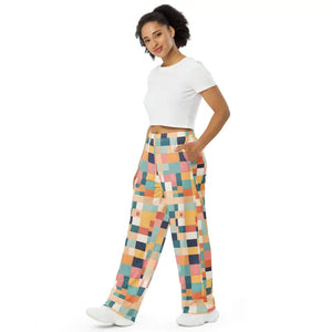 Unisex Wide Leg Lounge Pants Retro Geometric Pattern - Dipaliz