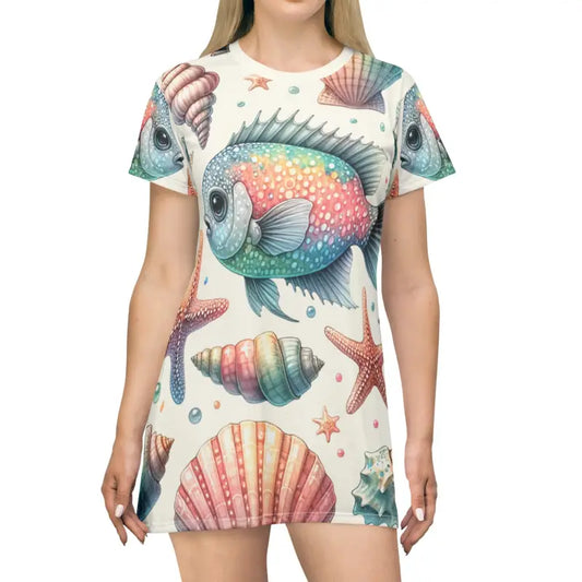 Dive Into Style with Oceanic Delight Marine Life Shirt Dress - Xs All Over Prints