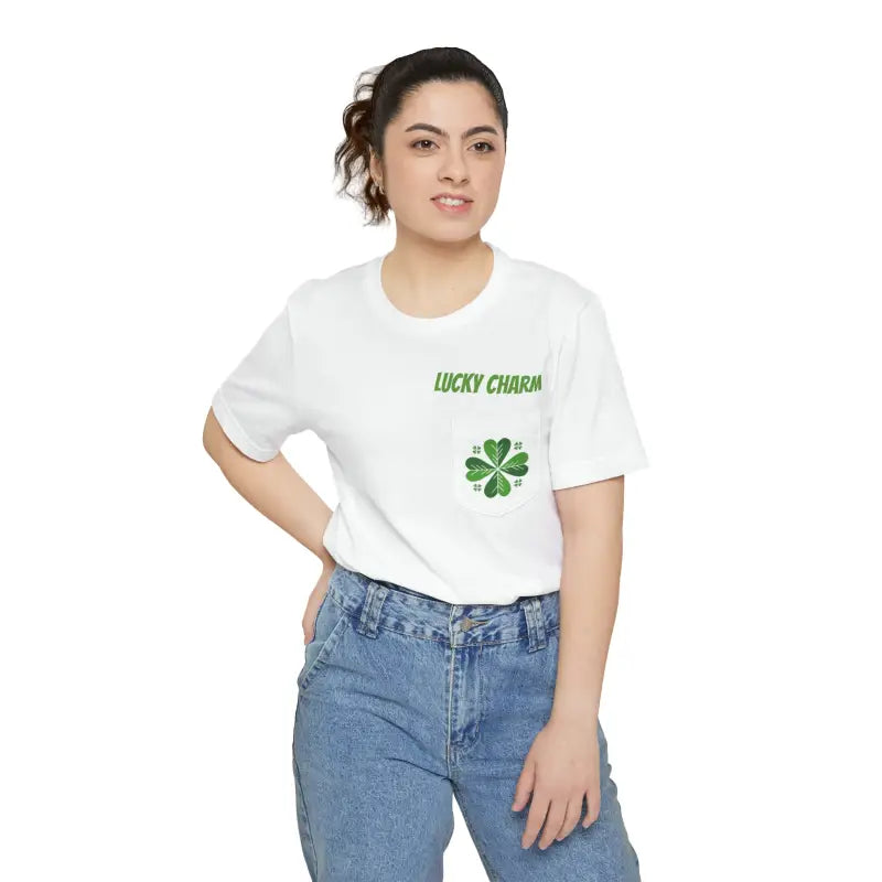 Get Lucky with the Clover Unisex Pocket Tee - Perfect for St. Paddy’s Day - T-shirt