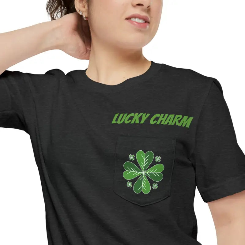 Get Lucky with the Clover Unisex Pocket Tee - Perfect for St. Paddy’s Day - Dark Grey Heather / s T-shirt