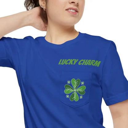 Get Lucky with the Clover Unisex Pocket Tee - Perfect for St. Paddy’s Day - True Royal / s T-shirt