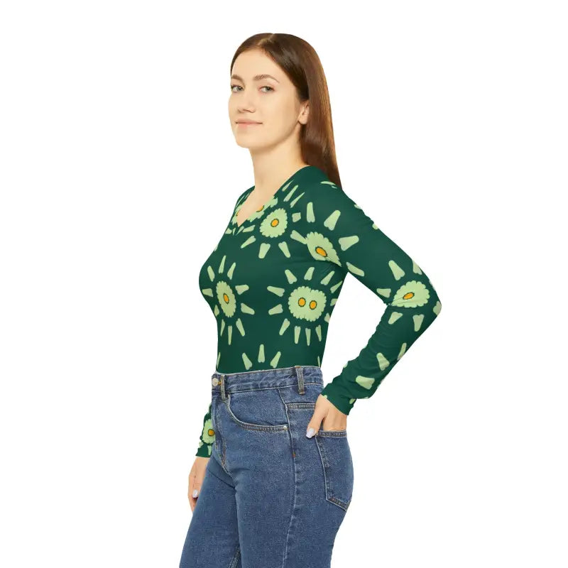 Turn Heads in an Emerald Long Sleeve V-neck Tee - Shirts