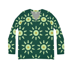 Women’s Long Sleeve Tee Light Green Pattern v Neck - Dipaliz - T-shirts