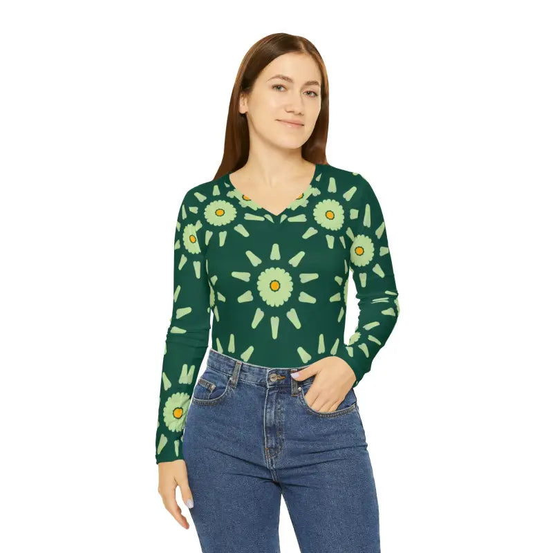 Turn Heads in an Emerald Long Sleeve V-neck Tee - Xs Shirts