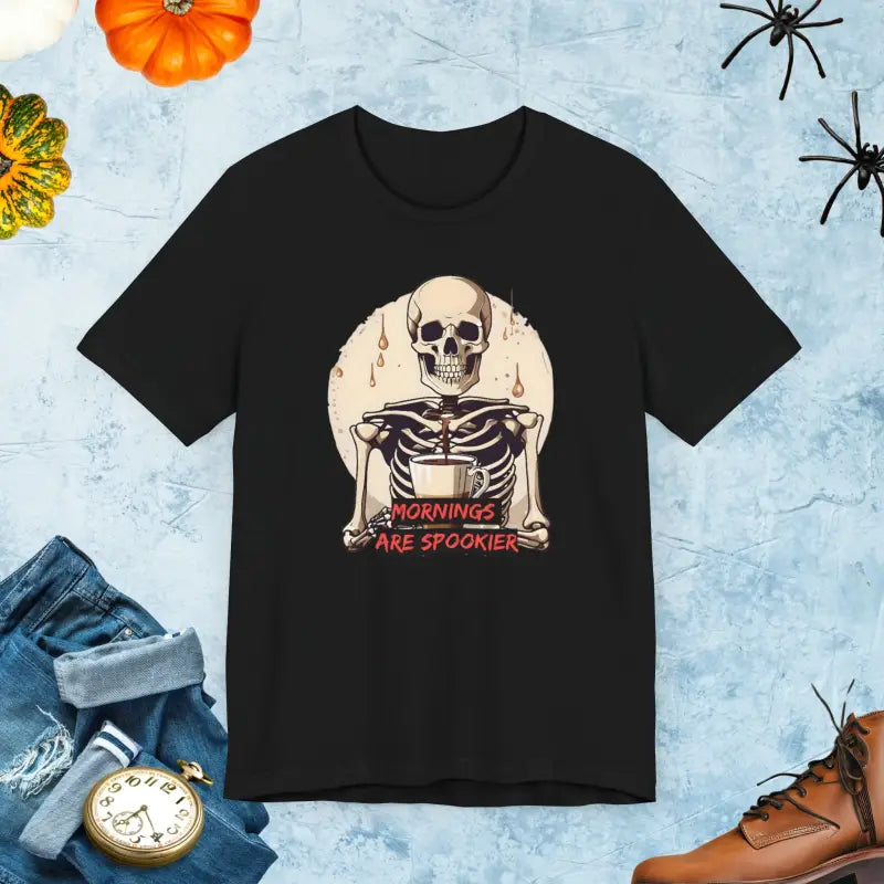 Unisex Jersey Tee: Spooky Mornings with Skeleton Print - Black / Xs T-shirt