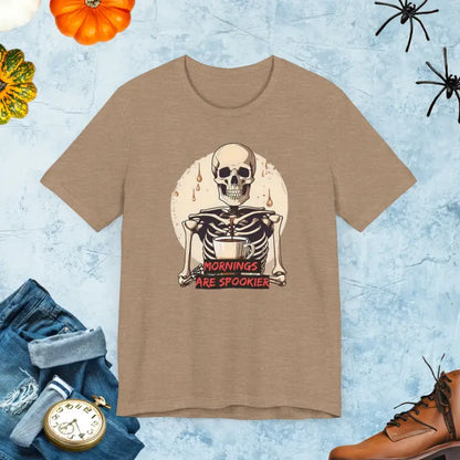 Unisex Jersey Tee: Spooky Mornings with Skeleton Print - Heather Tan / Xs T-shirt