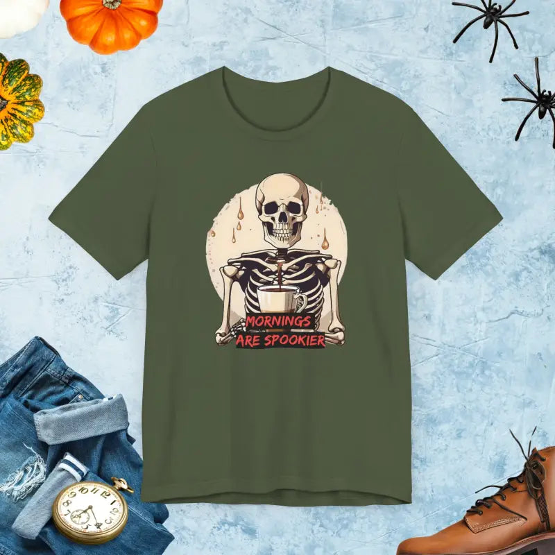 Unisex Jersey Tee: Spooky Mornings with Skeleton Print - Military Green / Xs T-shirt