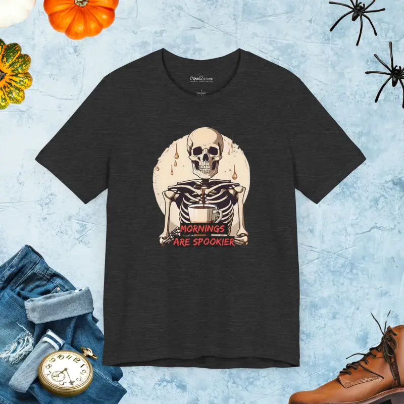 Wake Up Spooky with the Skeleton Coffee Tee - Dark Grey Heather / s T-shirt