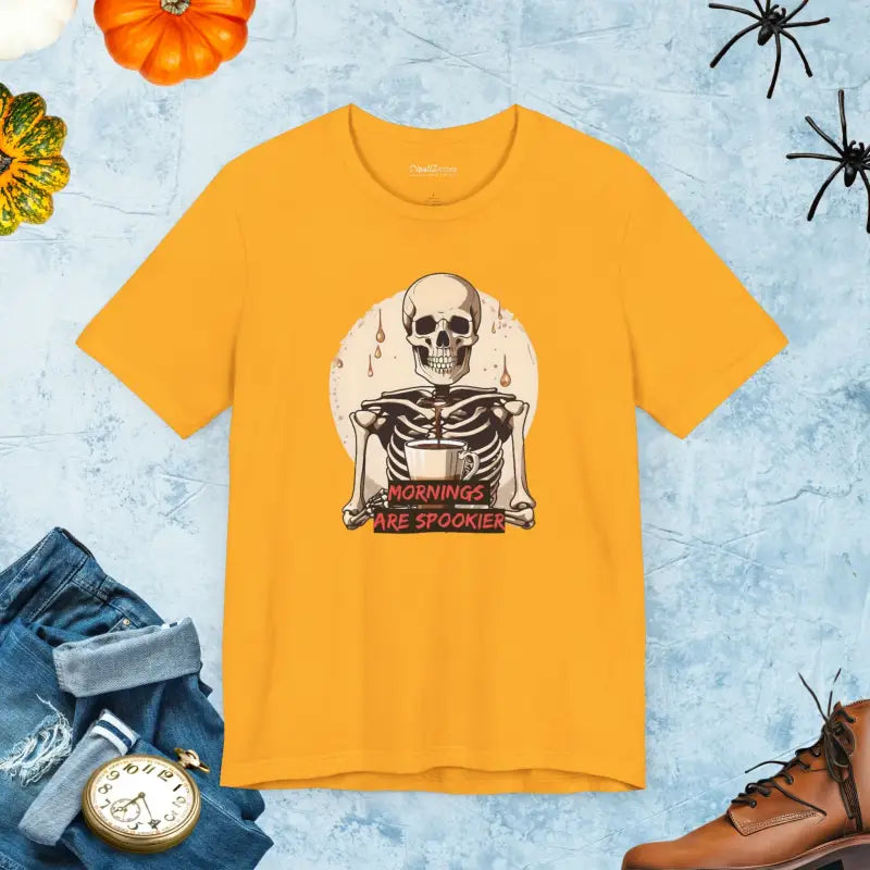 Wake Up Spooky with the Skeleton Coffee Tee - Gold / s T-shirt