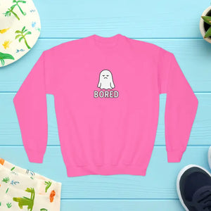 Youth Crewneck Sweatshirt - Cute Bored Ghost Fleece Interior - Dipaliz - Safety Pink / Xs - Sweatshirts