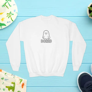 Youth Crewneck Sweatshirt - Cute Bored Ghost Fleece Interior - Dipaliz - White / Xs - Sweatshirts