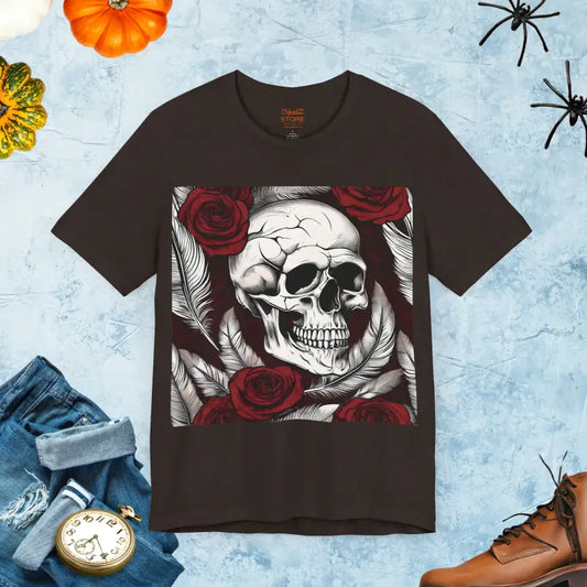 Haunting Skull and Roses Jersey Short Sleeve Tee for Halloween - Brown / s T-shirt