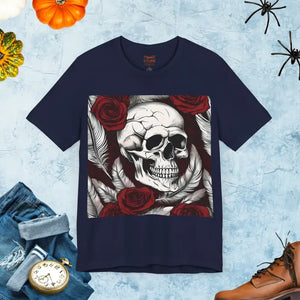 Skull with Roses Tee - Unisex Short Sleeve Halloween Style - Dipaliz - Navy / s - T-shirts