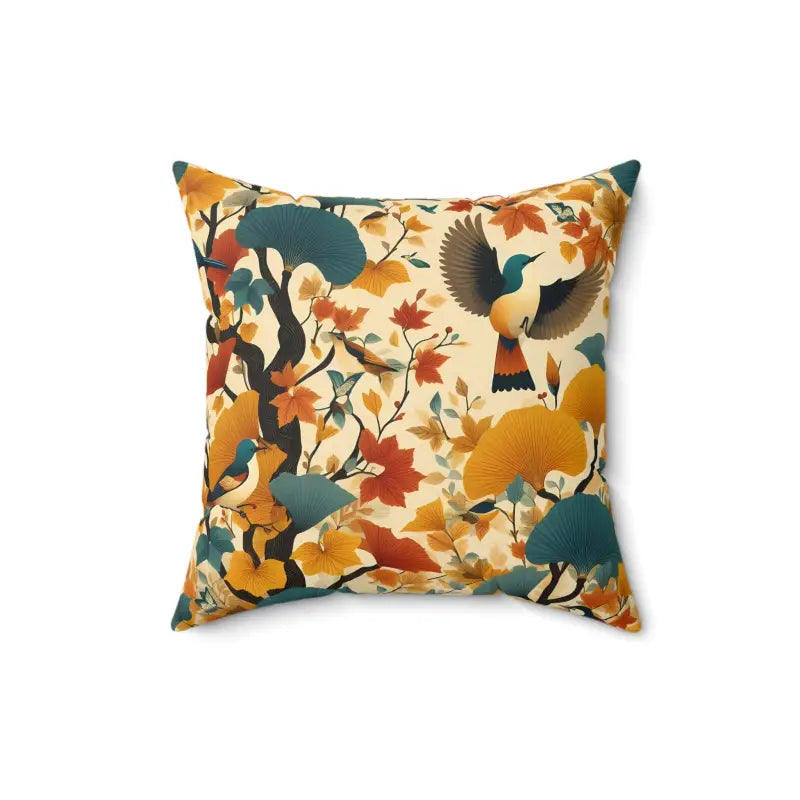 Nature’s Charm: Gingko Leaves & Birds Polyester Pillow - 16’’ × Home Decor